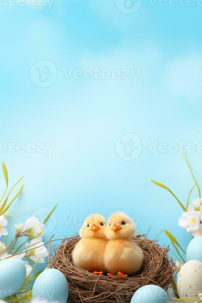 AI generated Easter eggs in a nest on a blue background photo