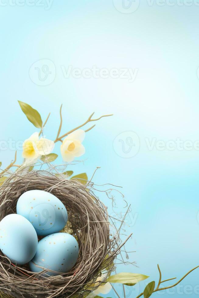 AI generated Easter eggs in a nest on a blue background photo