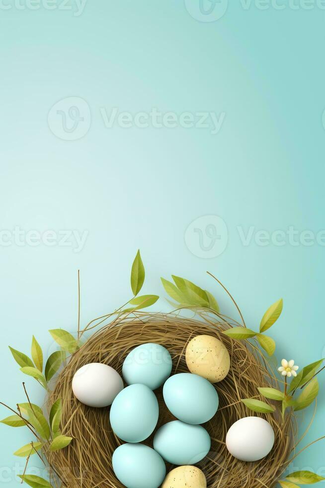 AI generated Easter eggs in a nest on a blue background photo