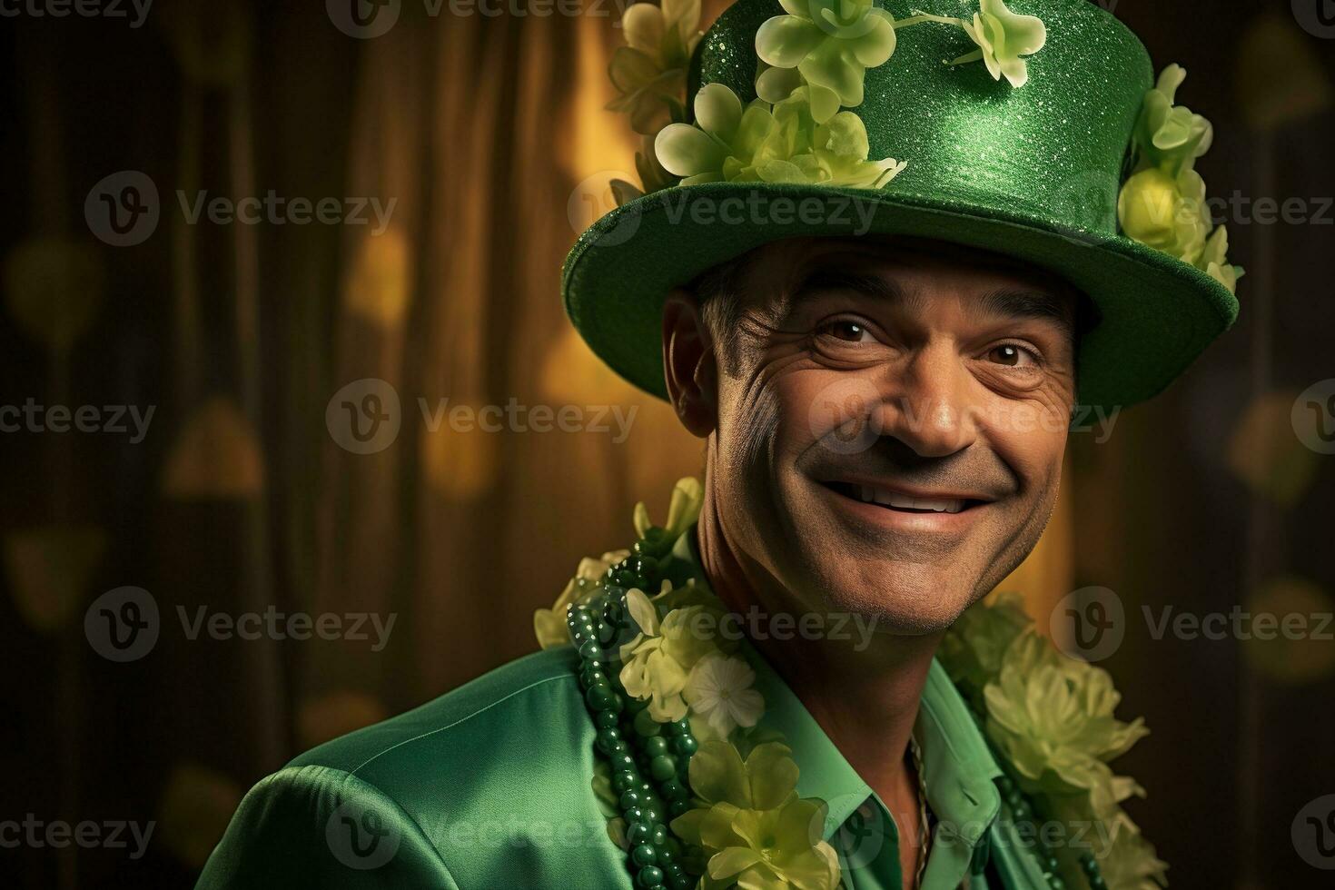 AI generated Portrait of a happy leprechaun with clover leaves. St. Patrick's Day. photo