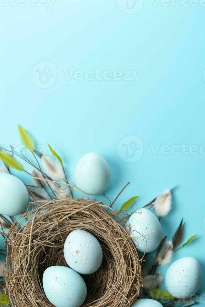 AI generated Easter eggs in a nest on a blue background photo
