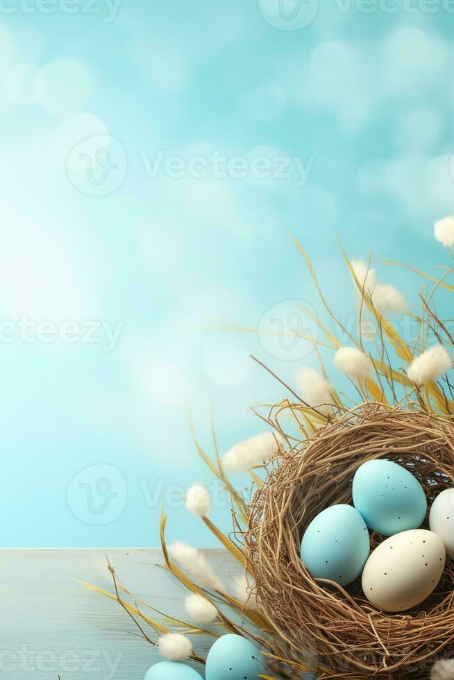 AI generated Easter eggs in a nest on a blue background photo