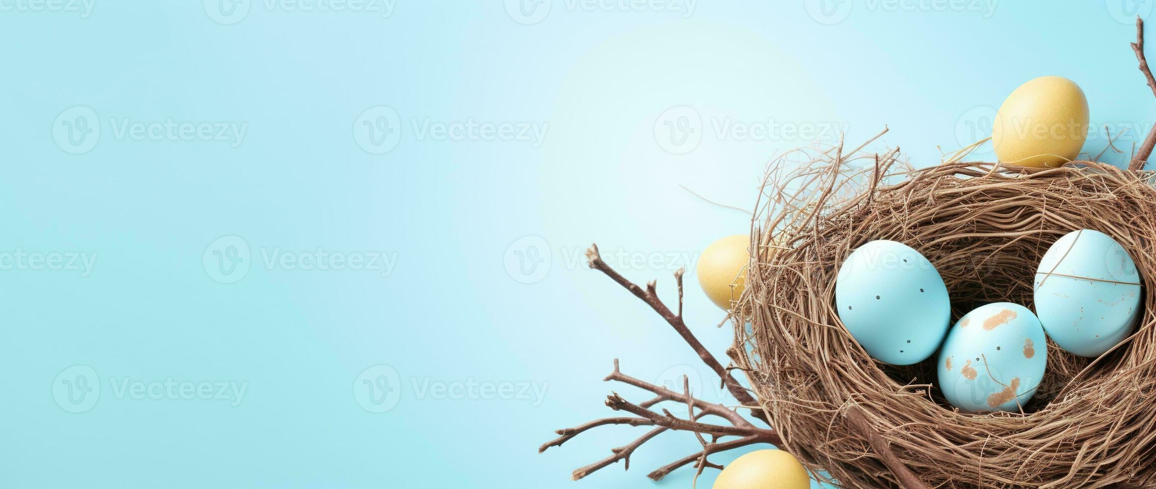 AI generated Easter eggs in a nest on a blue background photo