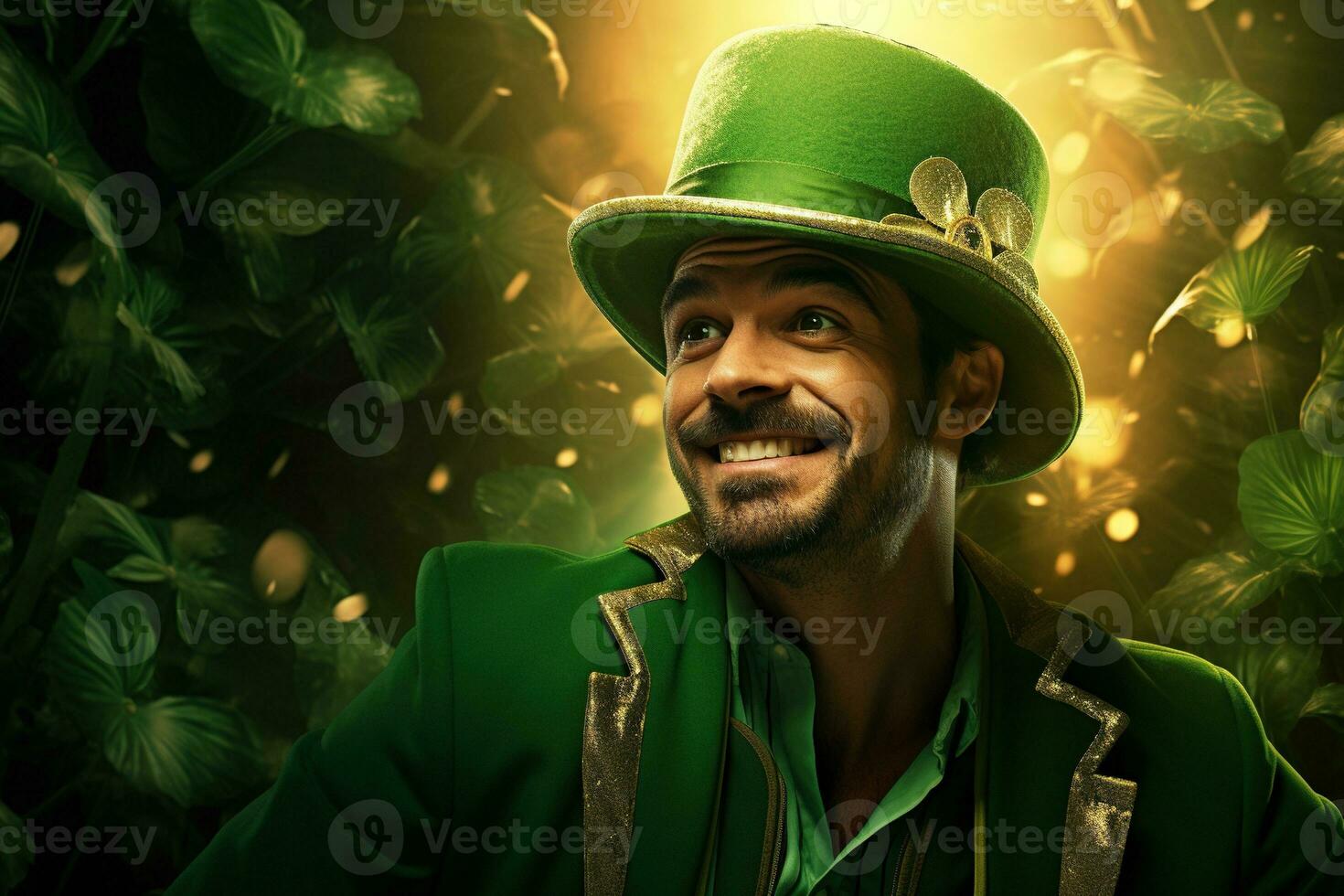 AI generated Portrait of a happy leprechaun with clover leaves. St. Patrick's Day. photo
