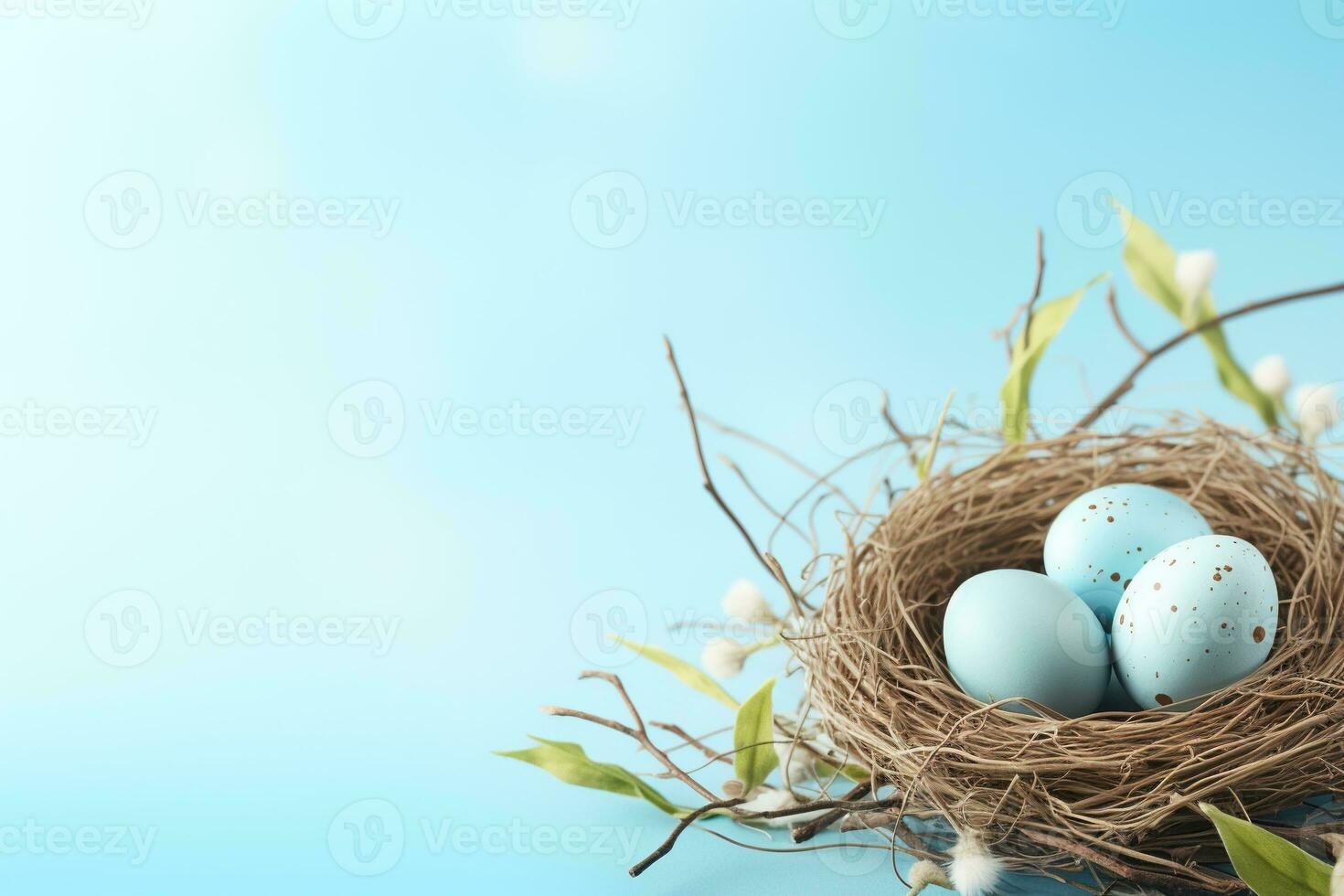 AI generated Easter eggs in a nest on a blue background photo