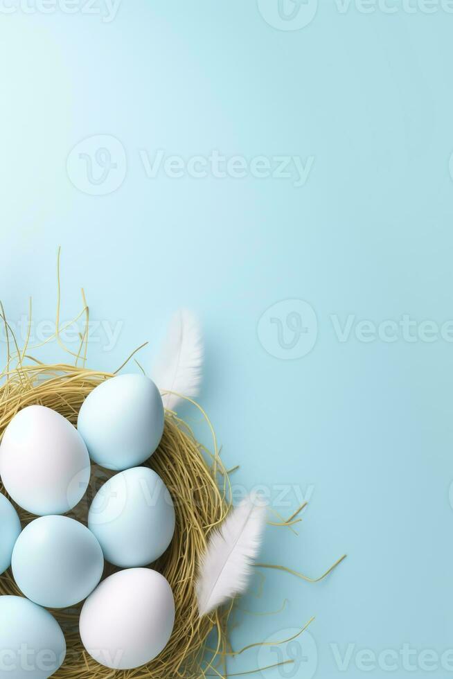 AI generated Easter eggs in a nest on a blue background photo