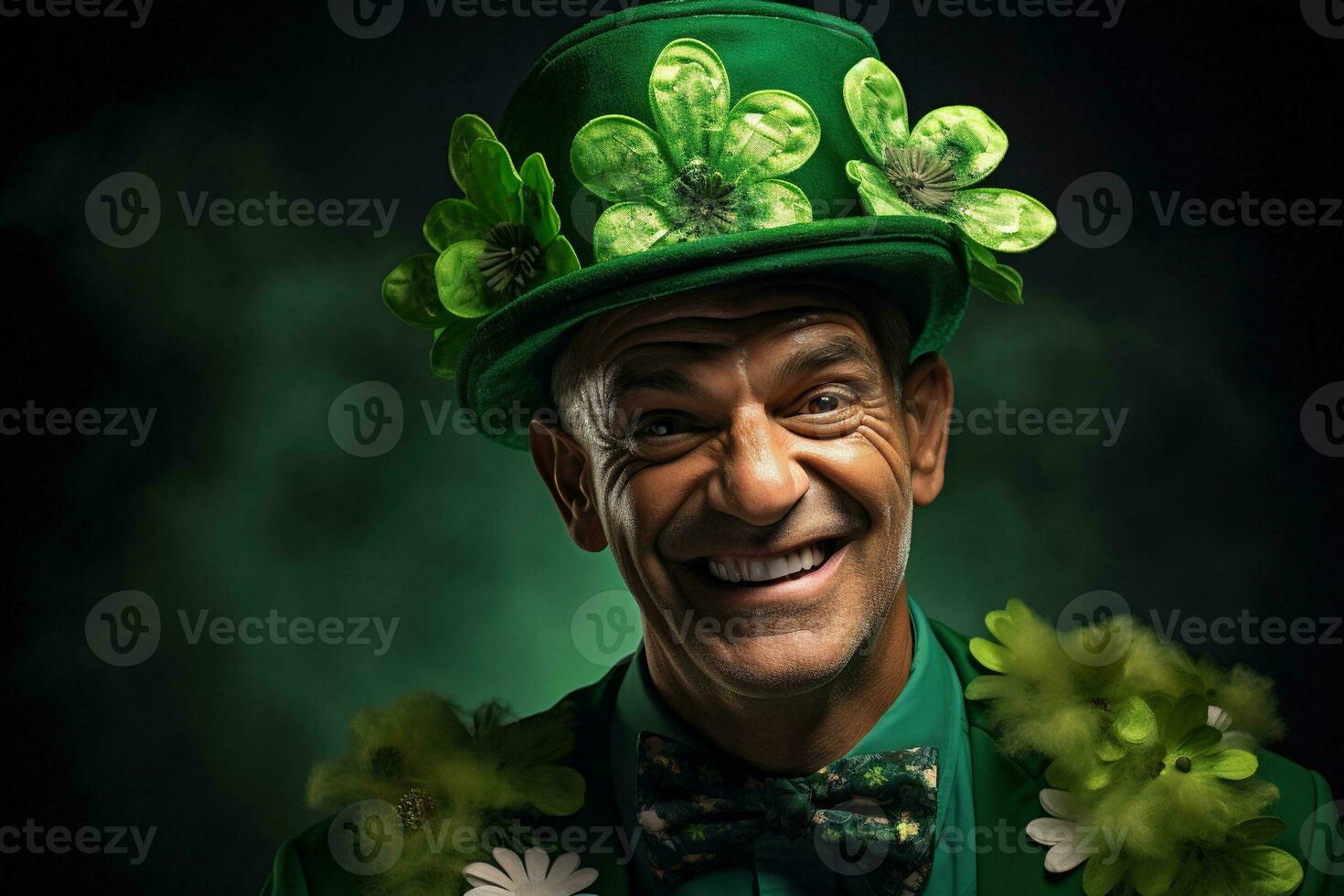 AI generated Portrait of a happy leprechaun with clover leaves. St. Patrick's Day. photo