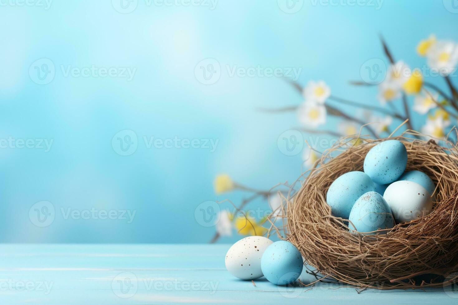 AI generated Easter eggs in a nest on a blue background photo