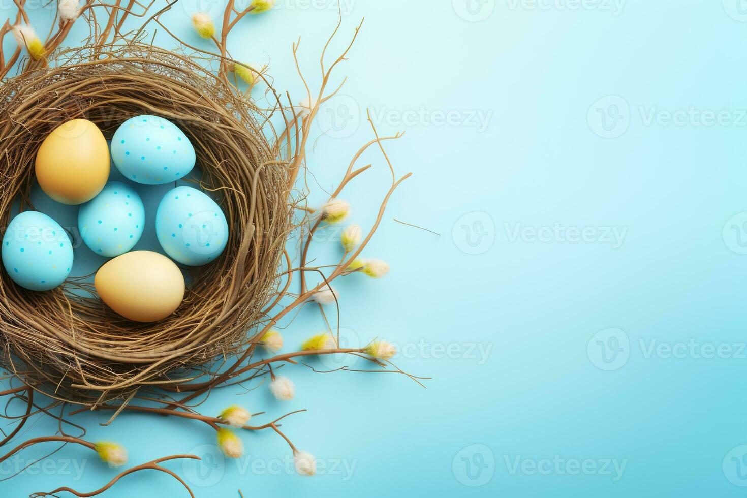 AI generated Easter eggs in a nest on a blue background photo
