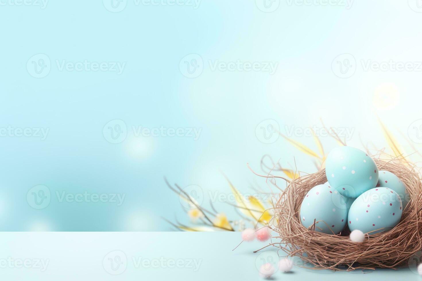AI generated Easter eggs in a nest on a blue background photo
