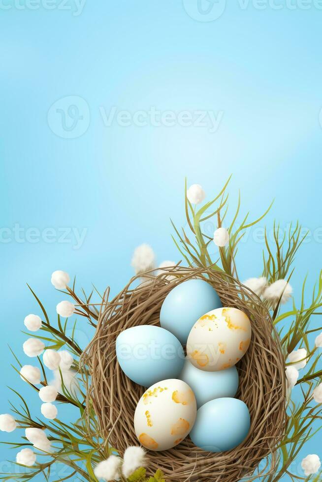 AI generated Easter eggs in a nest on a blue background photo
