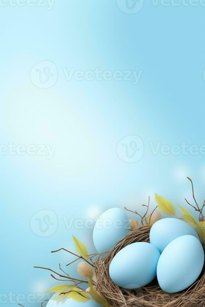 AI generated Easter eggs in a nest on a blue background photo