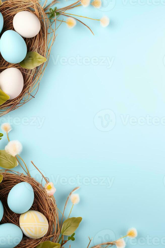 AI generated Easter eggs in a nest on a blue background photo