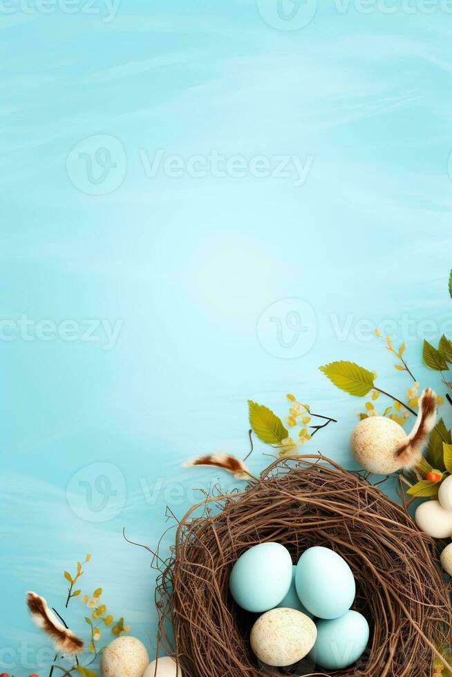 AI generated Easter eggs in a nest on a blue background photo