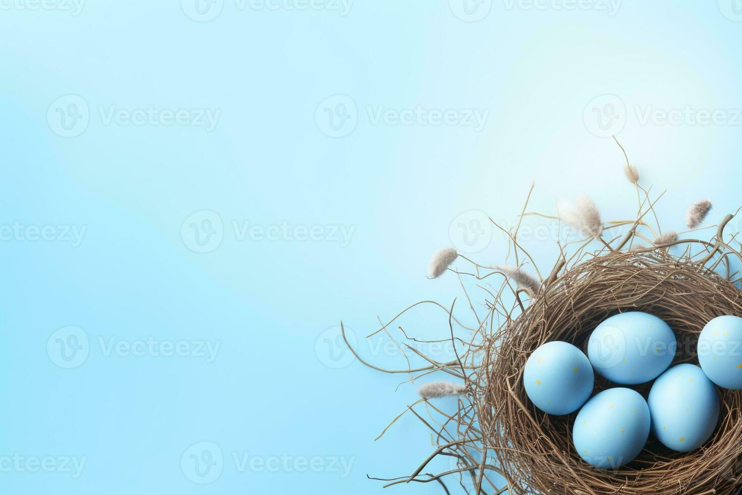 AI generated Easter eggs in a nest on a blue background photo