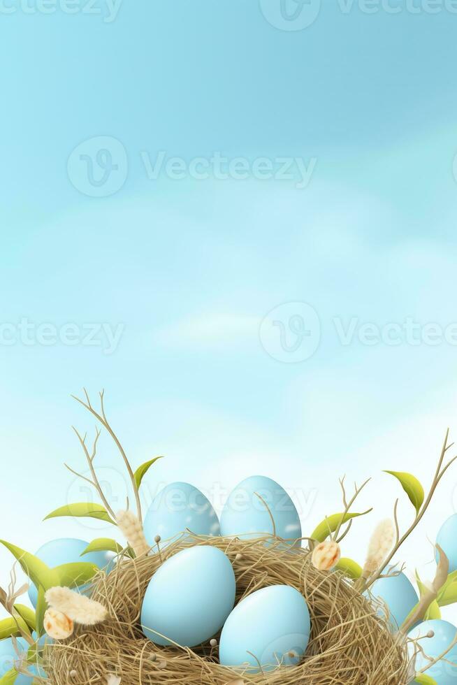 AI generated Easter eggs in a nest on a blue background photo