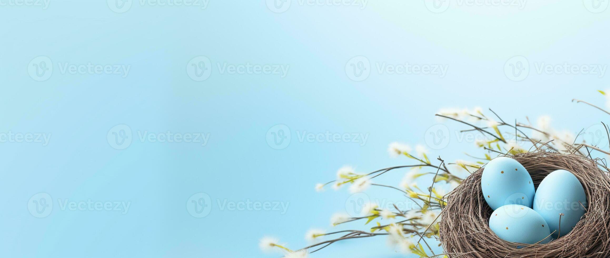 AI generated Easter eggs in a nest on a blue background photo