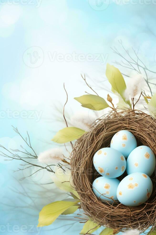 AI generated Easter eggs in a nest on a blue background photo