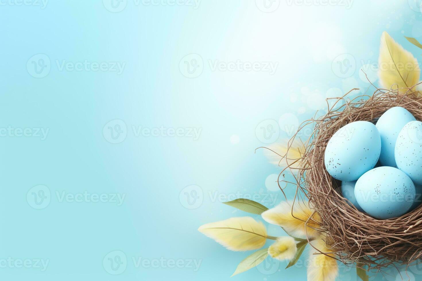 AI generated Easter eggs in a nest on a blue background photo