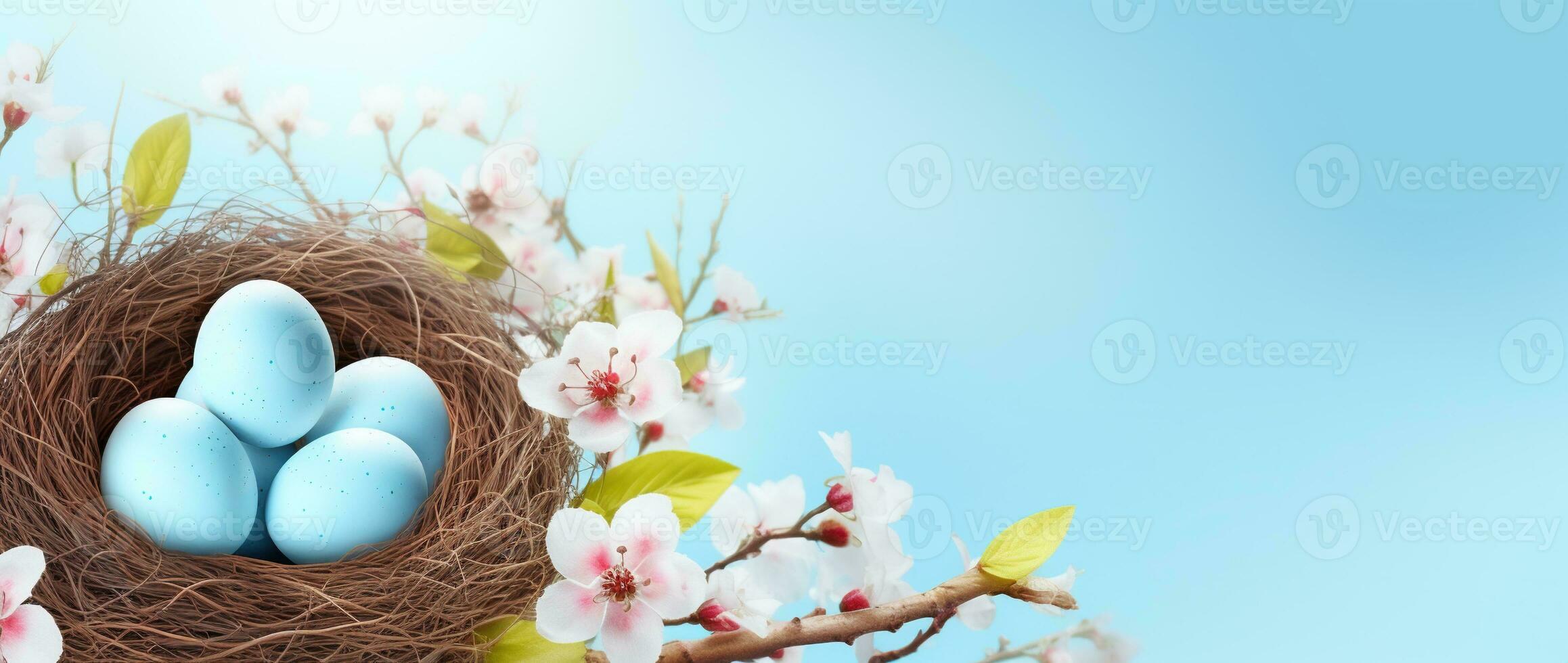 AI generated Easter eggs in a nest on a blue background photo