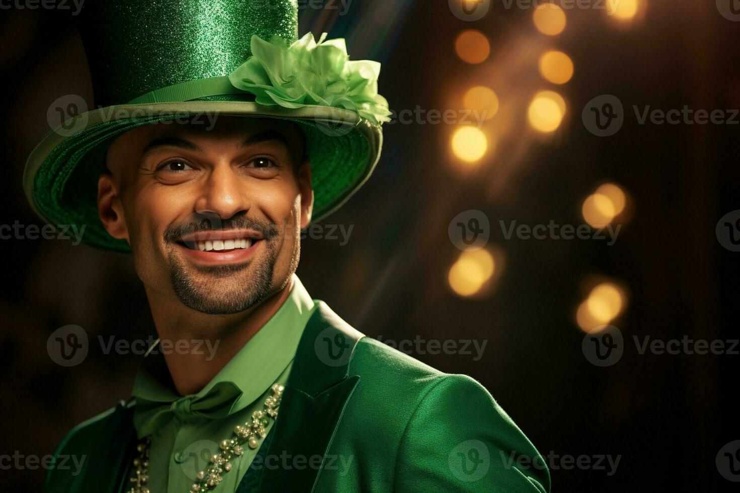 AI generated Portrait of a happy leprechaun with clover leaves. St. Patrick's Day. photo