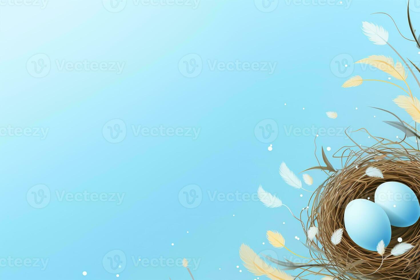 AI generated Easter eggs in a nest on a blue background photo
