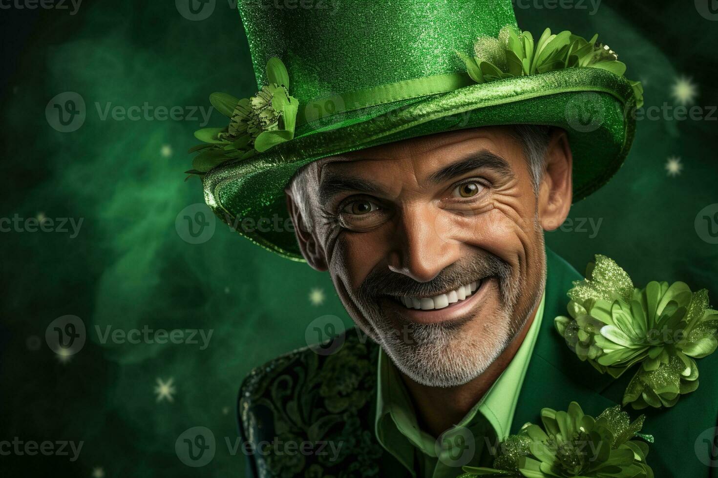 AI generated Portrait of a happy leprechaun with clover leaves. St. Patrick's Day. photo