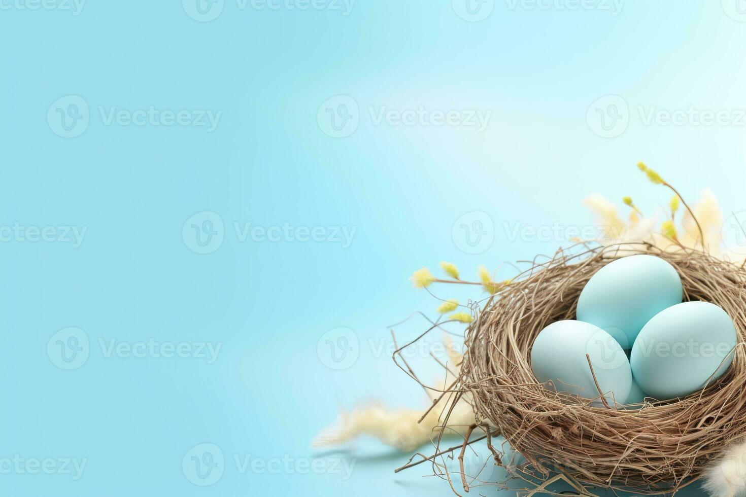AI generated Easter eggs in a nest on a blue background photo