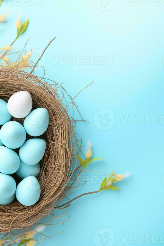AI generated Easter eggs in a nest on a blue background photo