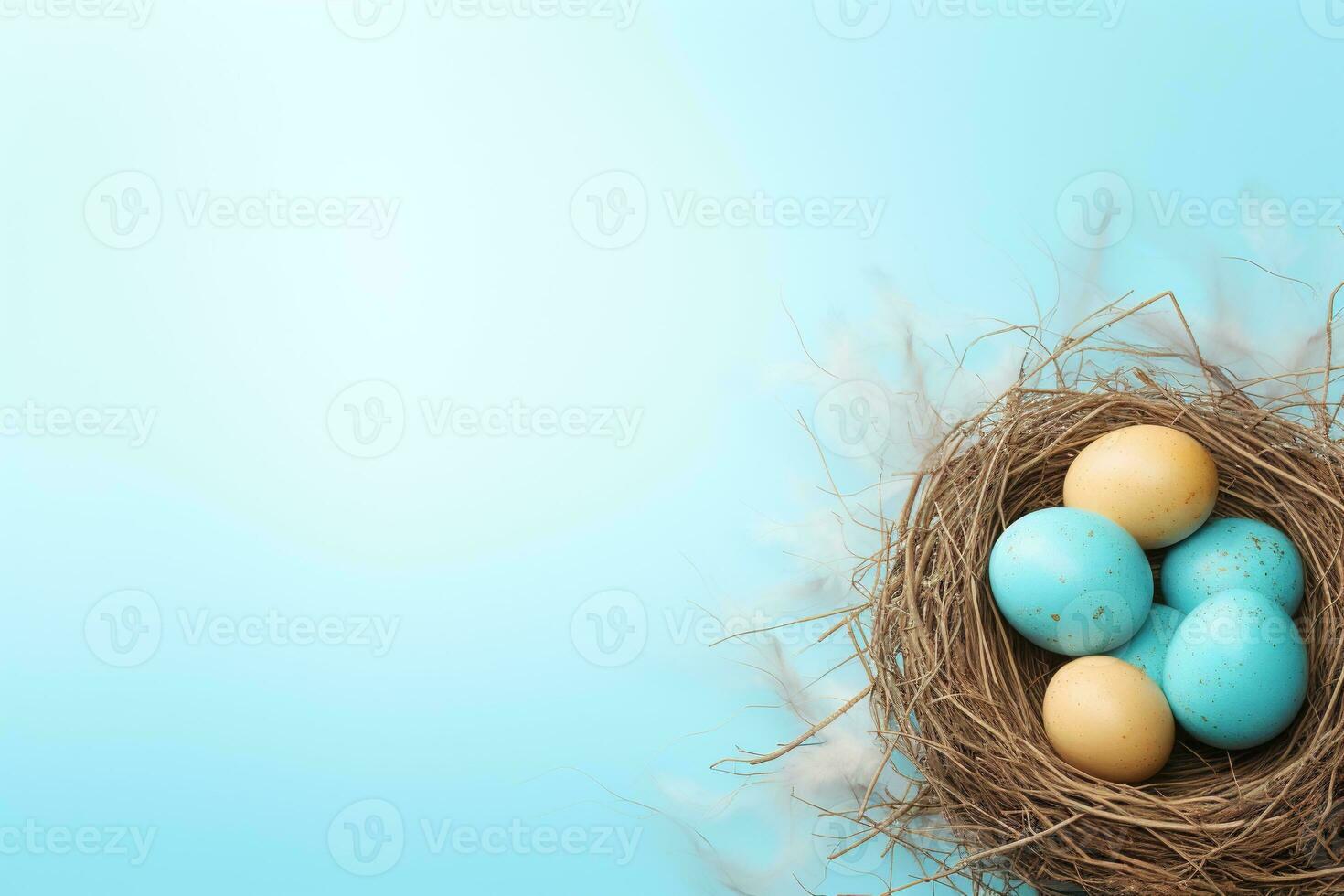 AI generated Easter eggs in a nest on a blue background photo
