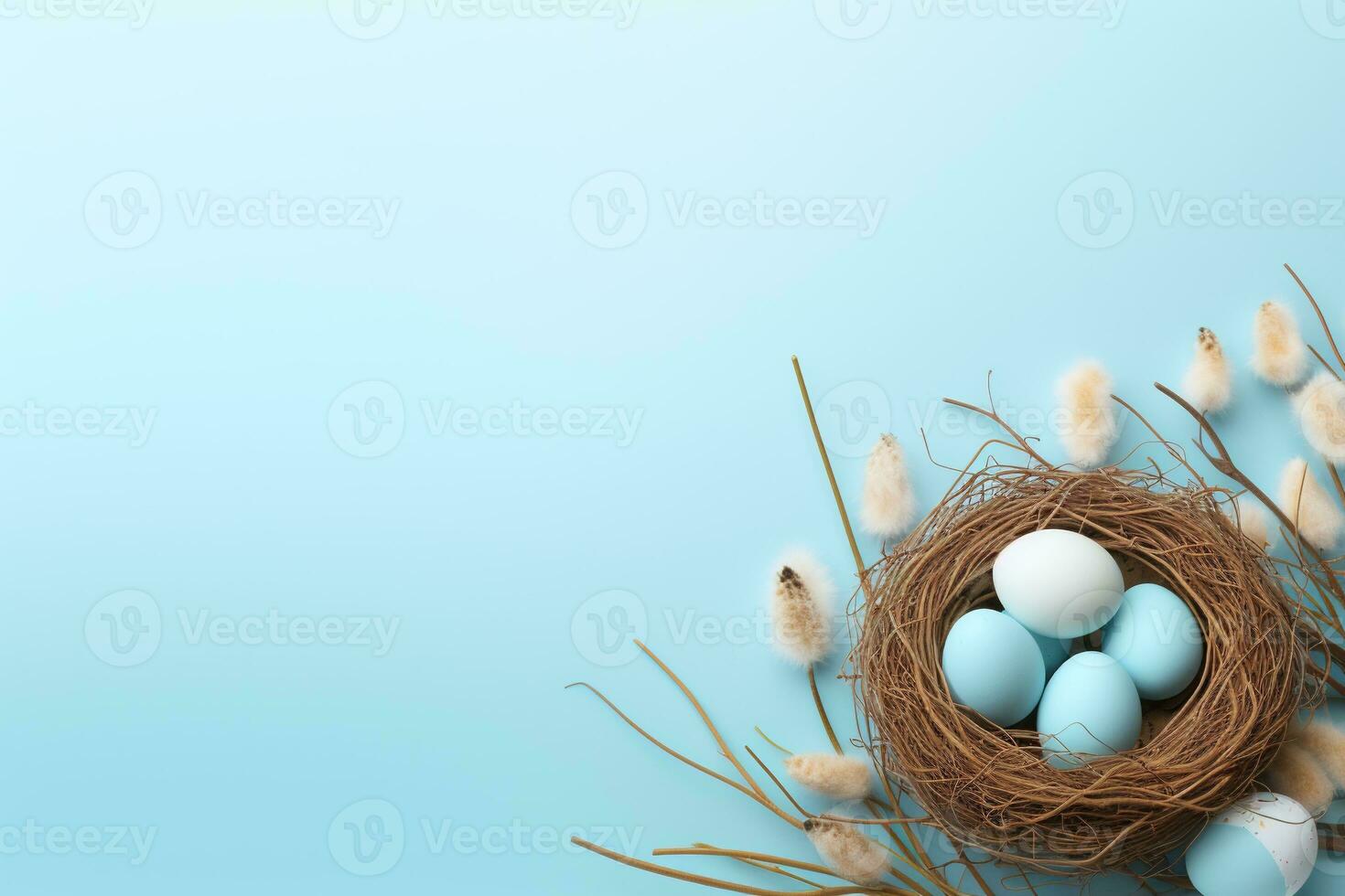 AI generated Easter eggs in a nest on a blue background photo