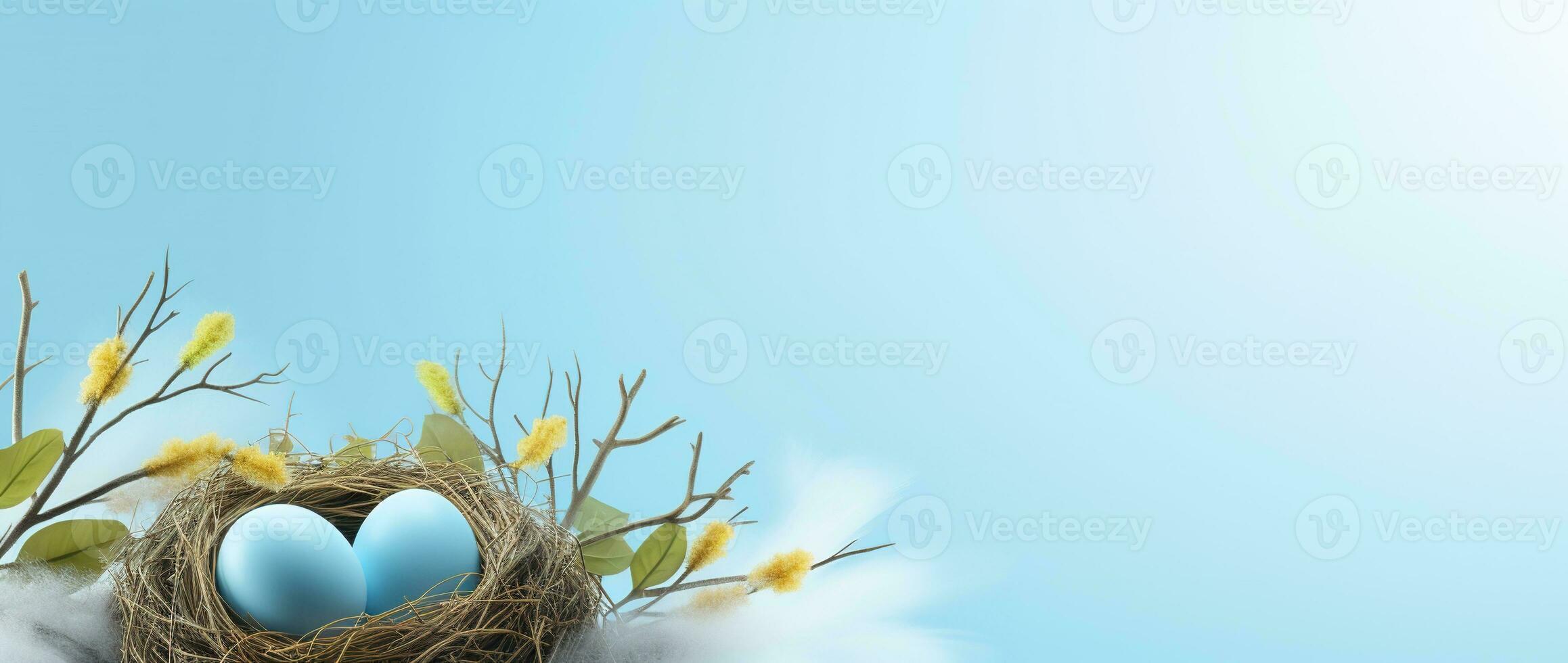 AI generated Easter eggs in a nest on a blue background photo