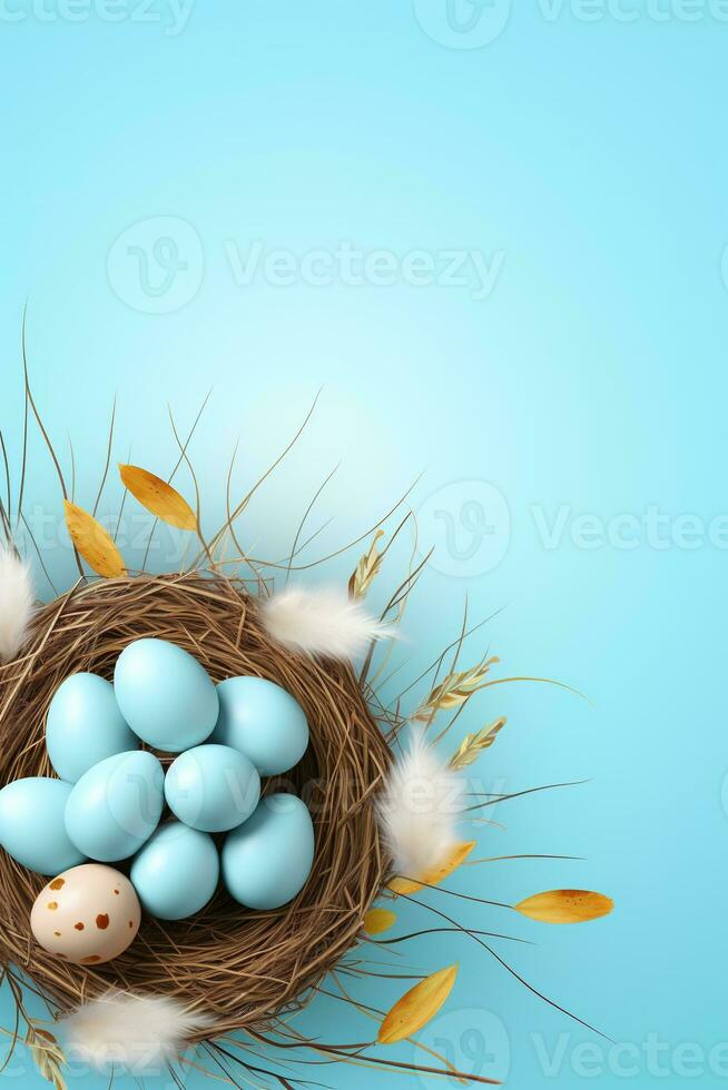 AI generated Easter eggs in a nest on a blue background photo