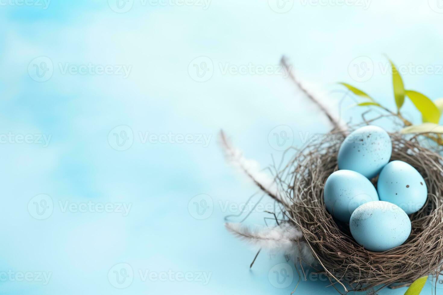 AI generated Easter eggs in a nest on a blue background photo