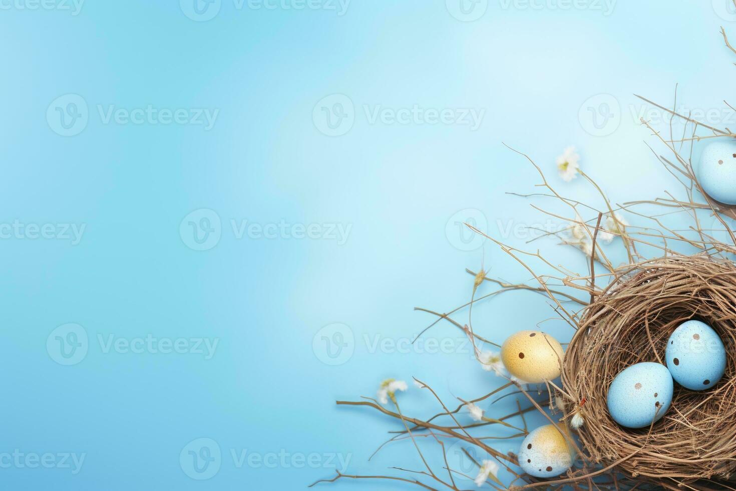 AI generated Easter eggs in a nest on a blue background photo