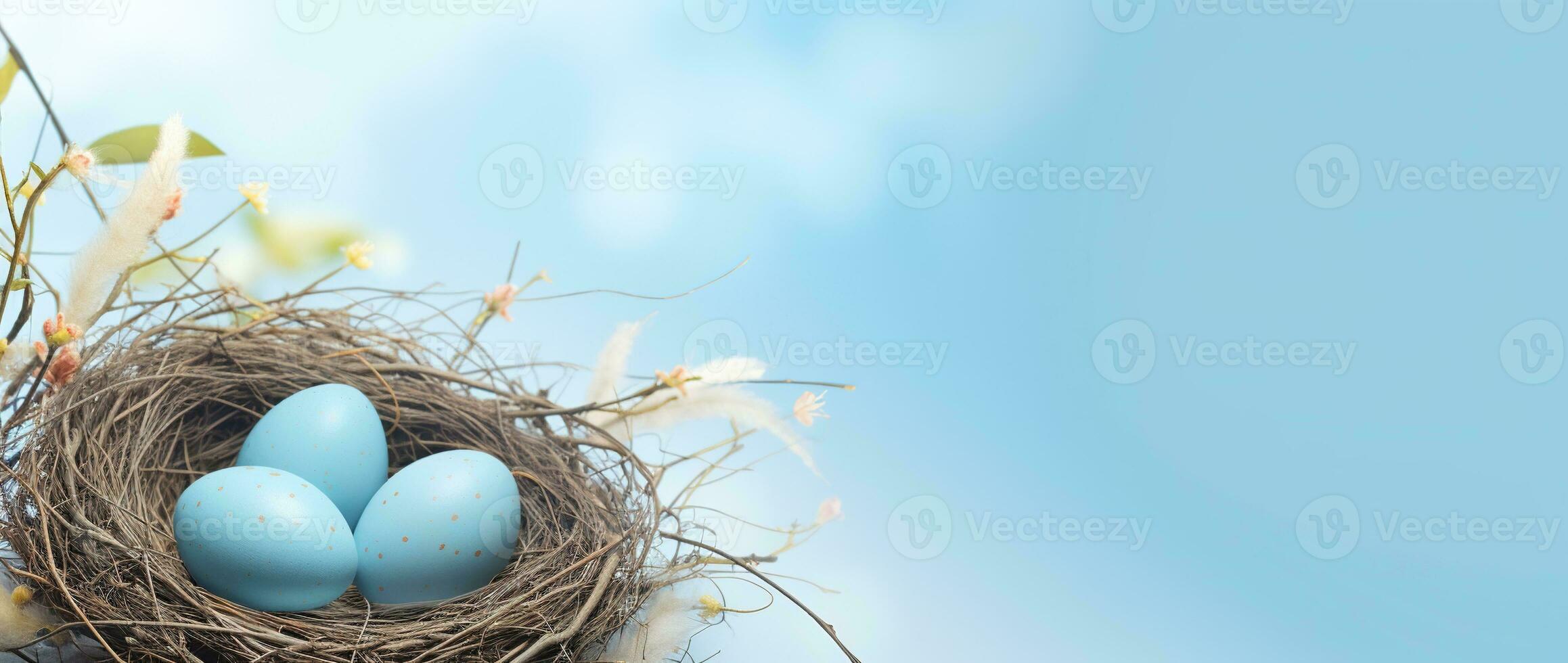AI generated Easter eggs in a nest on a blue background photo