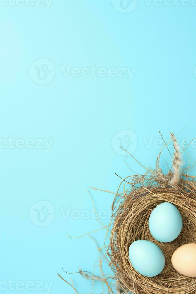 AI generated Easter eggs in a nest on a blue background photo