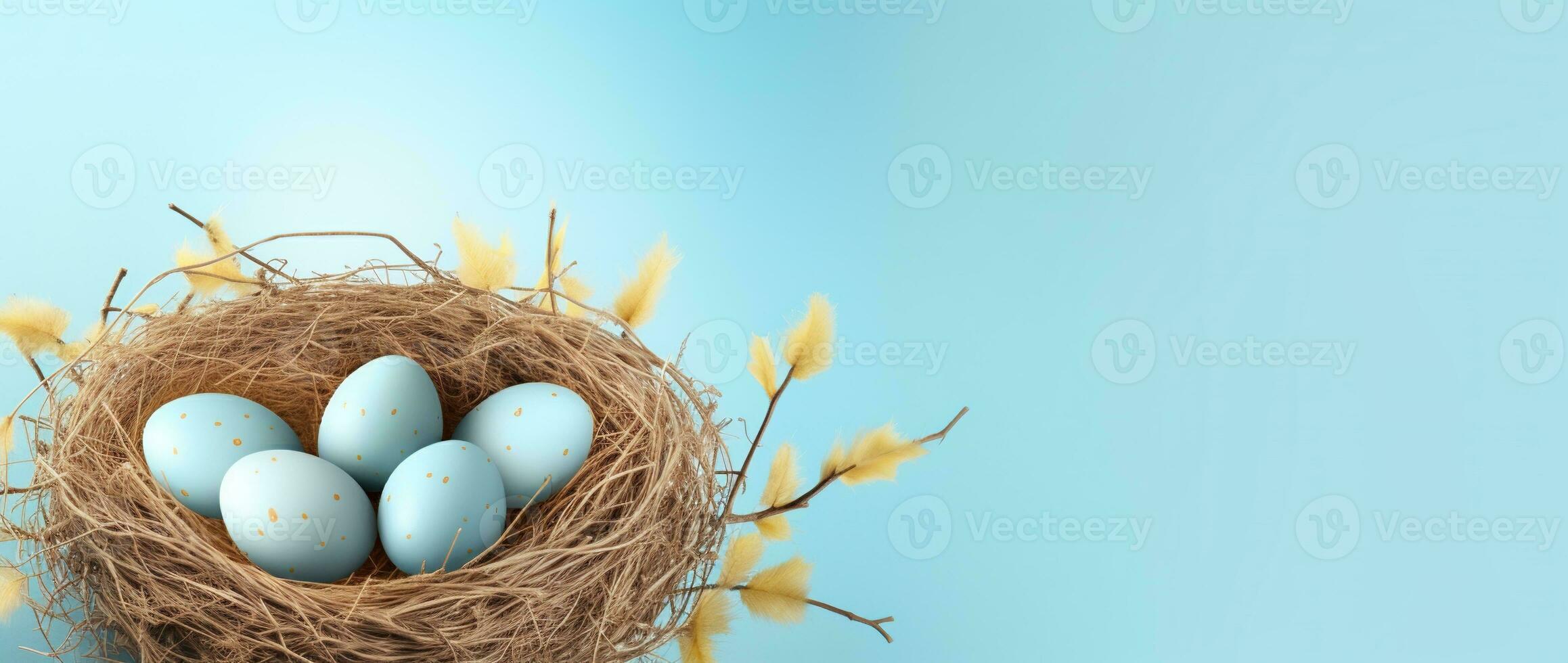 AI generated Easter eggs in a nest on a blue background photo