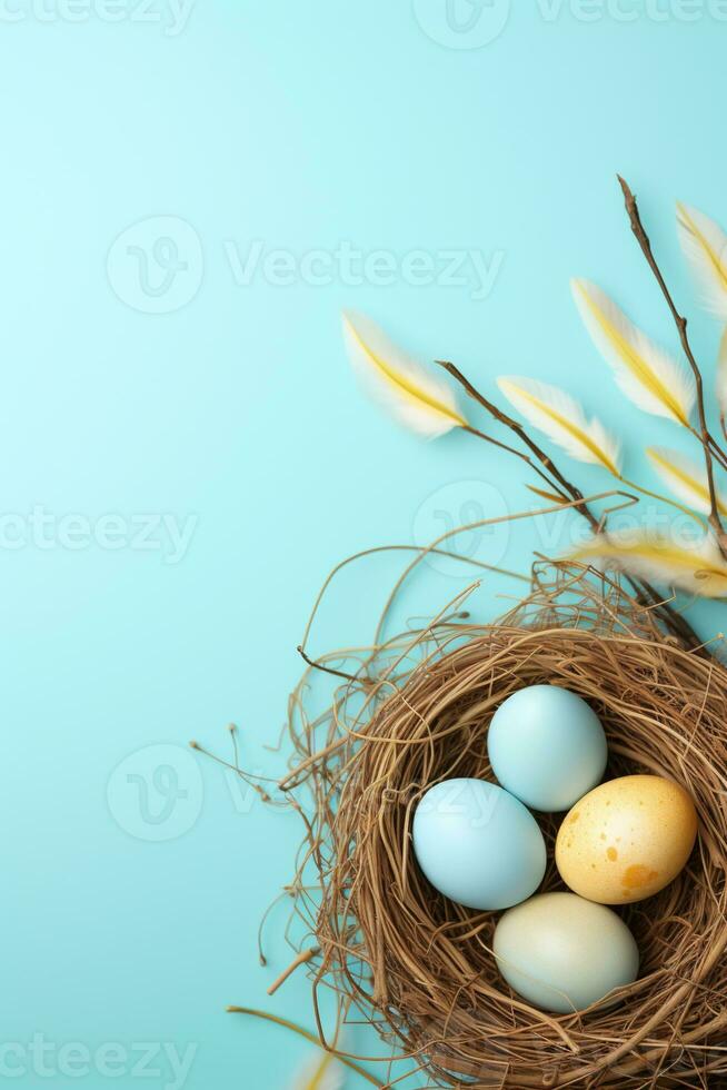 AI generated Easter eggs in a nest on a blue background photo