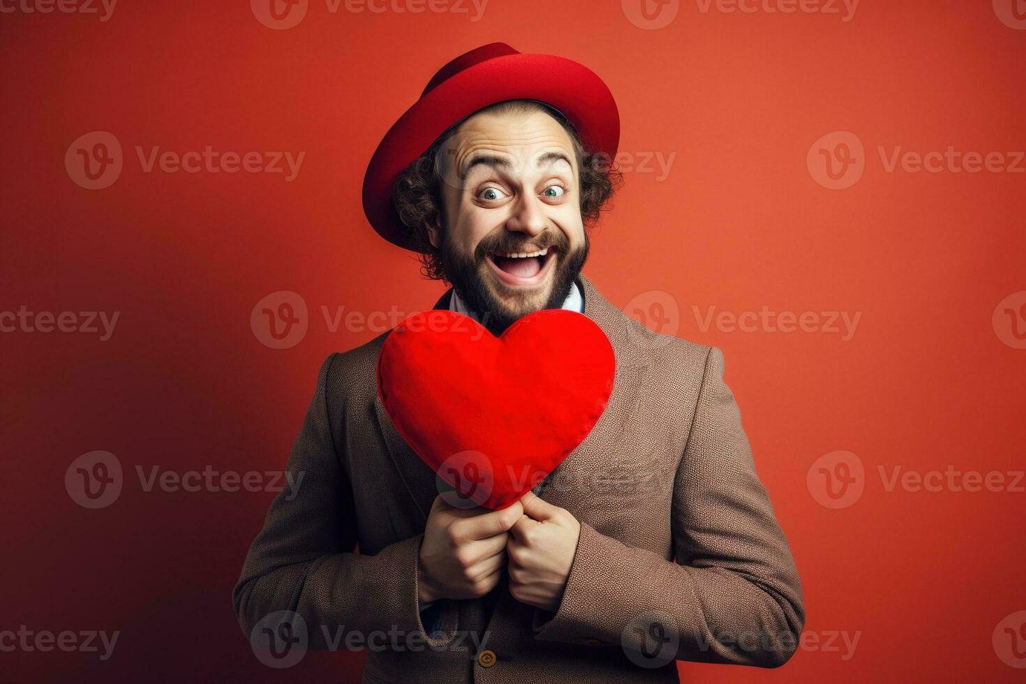 AI generated Portrait of a happy man with a red heart on Valentine's day concept. photo