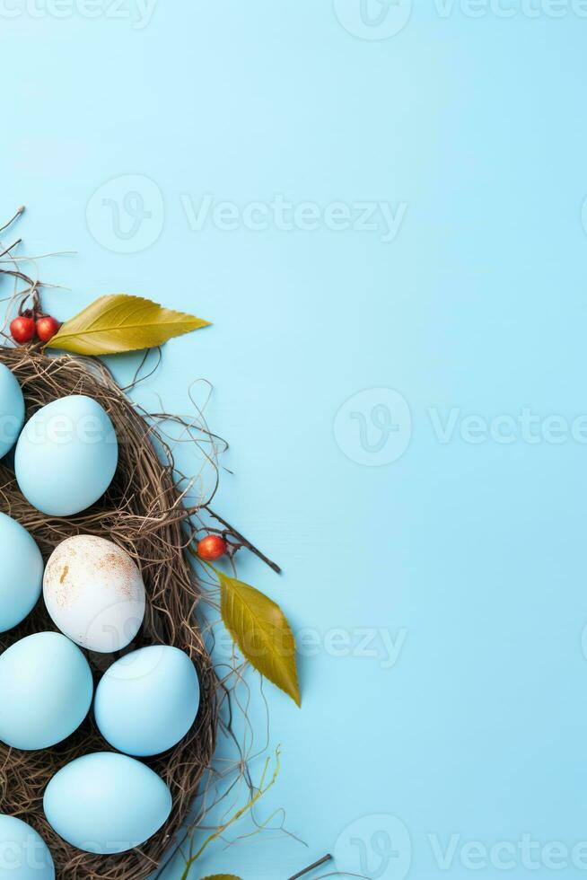AI generated Easter eggs in a nest on a blue background photo