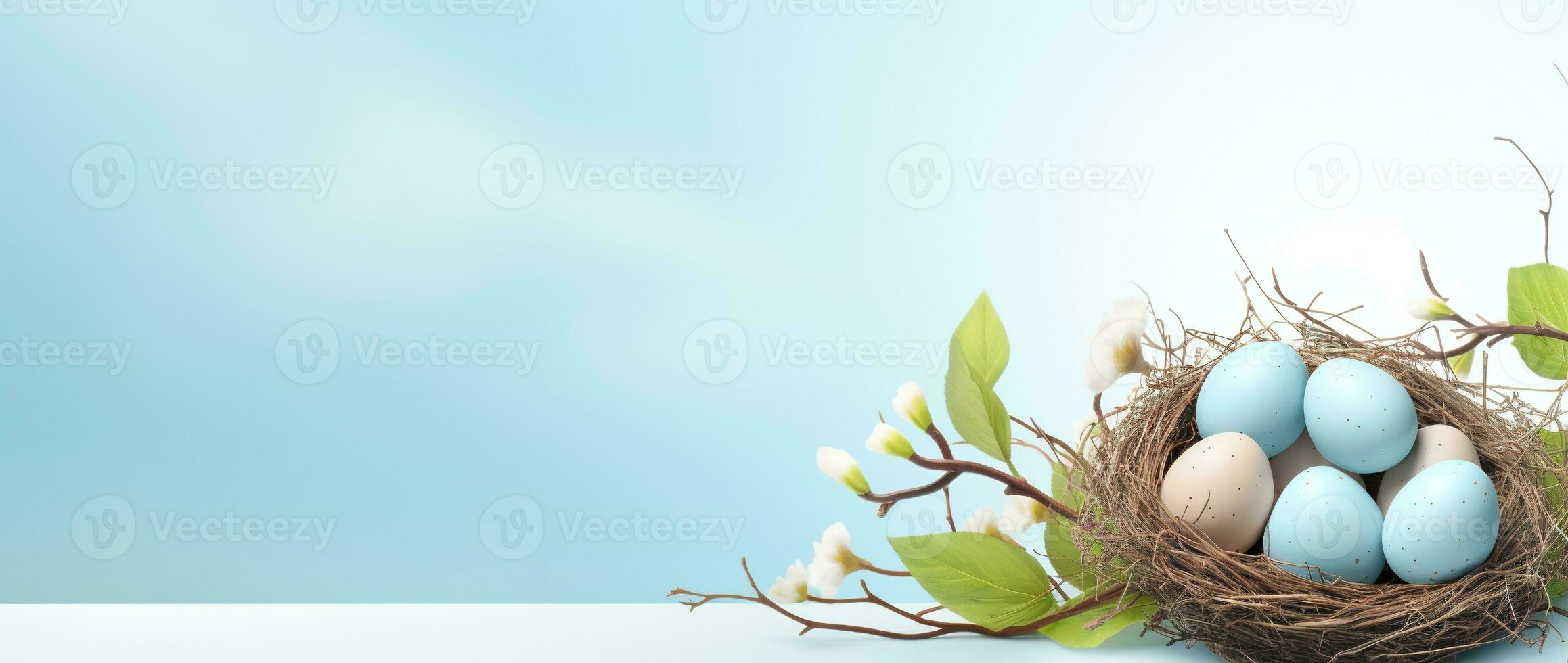 AI generated Easter eggs in a nest on a blue background photo