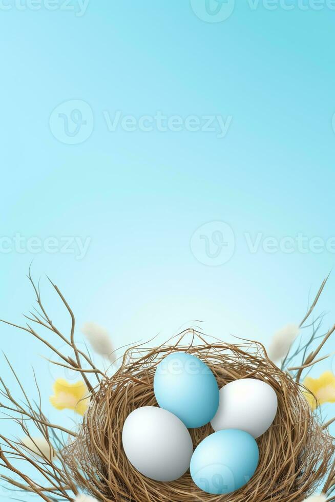 AI generated Easter eggs in a nest on a blue background photo