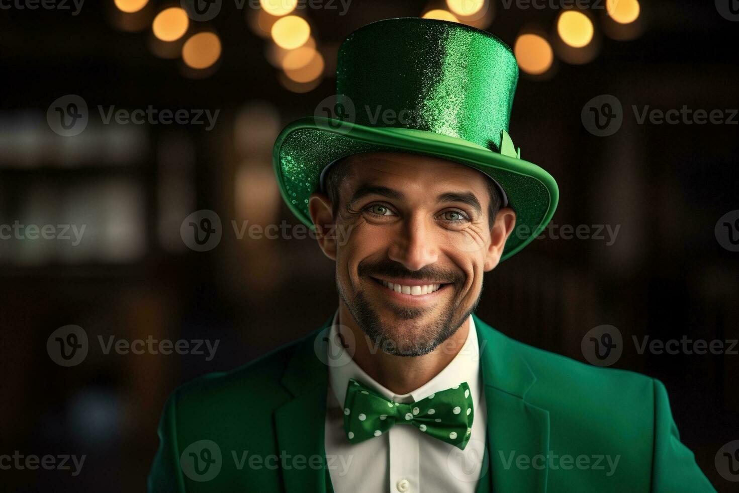 AI generated Portrait of a happy leprechaun with clover leaves. St. Patrick's Day. photo