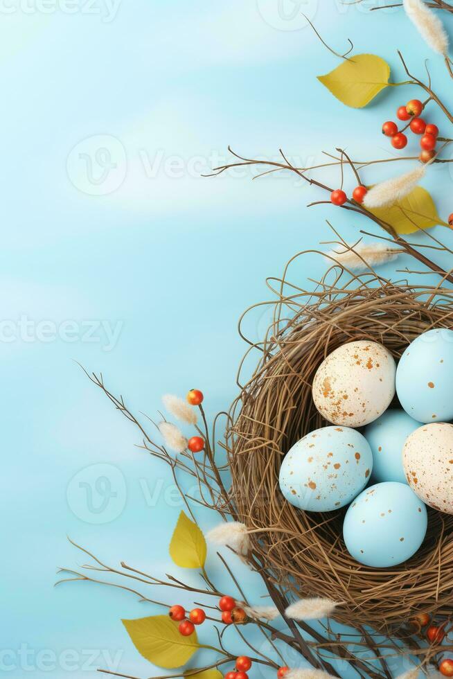 AI generated Easter eggs in a nest on a blue background photo