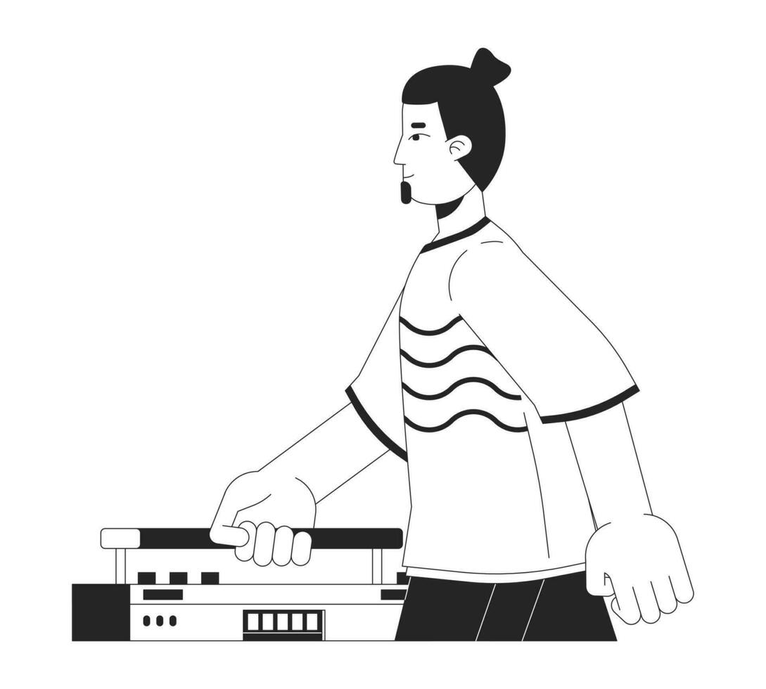 Caucasian bearded man walking with boombox black and white 2D line cartoon character. 80s retro guy carrying boom box isolated vector outline person. Nostalgia monochromatic flat spot illustration