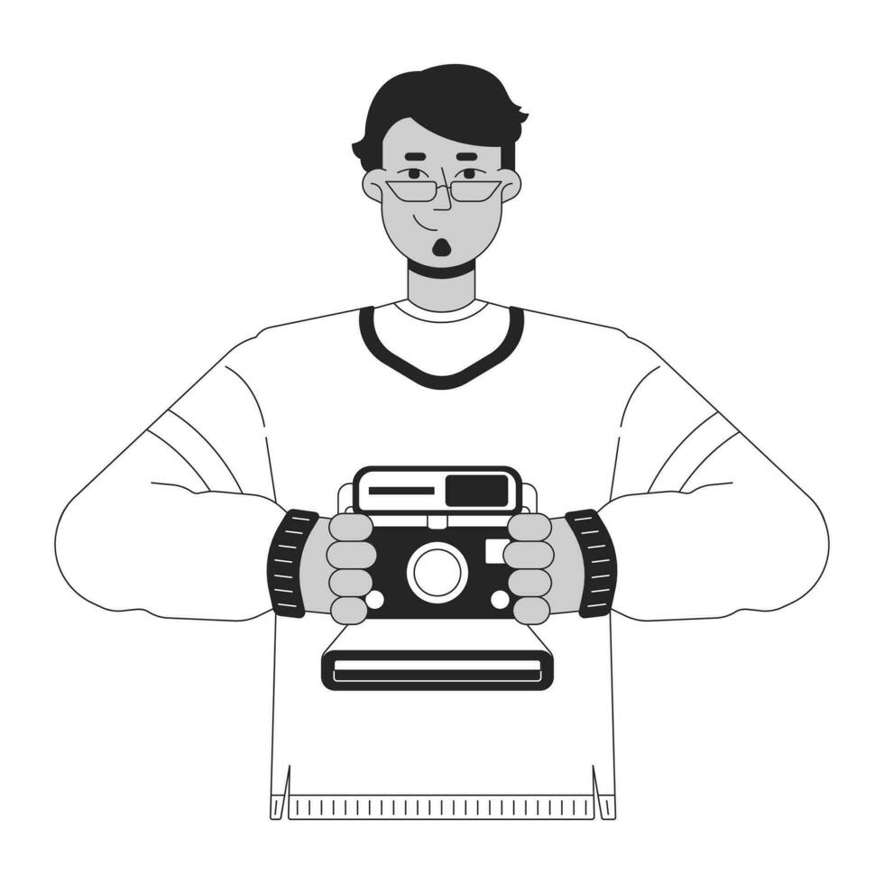 Cheerful arab man holding retro camera black and white 2D line cartoon character. Middle eastern guy taking photo isolated vector outline person. Nostalgia memory monochromatic flat spot illustration