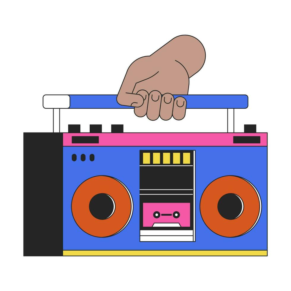 participación audio boombox lineal dibujos animados personaje mano ilustración. que lleva auge caja contorno 2d vector imagen, blanco antecedentes. Anticuado equipo con cinta casete editable plano color clipart