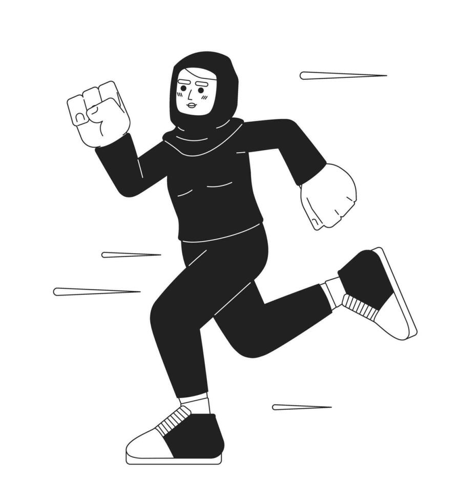 Muslim female athlete jogging black and white cartoon flat illustration. Running in hijab sportswoman linear 2D character isolated. Arab woman runner marathon monochromatic scene vector image