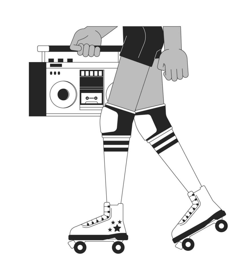 hembra rodillo patinador que lleva boombox negro y blanco 2d línea dibujos animados piernas de cerca. negro niña aislado vector contorno manos cerca arriba. Patinaje con Clásico audio monocromo plano Mancha ilustración